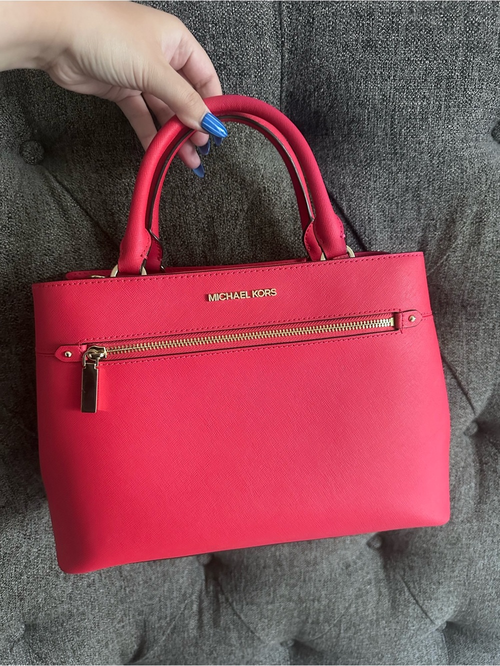 Michael Kors Bright Red Saffiano Leather Satchel with Gold Hardware